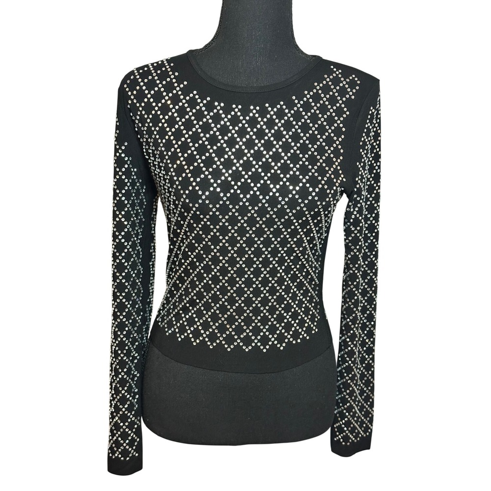 Lizette Collection Black Rhinestone Studded Lattice Long Sleeve Top SZ M Holiday